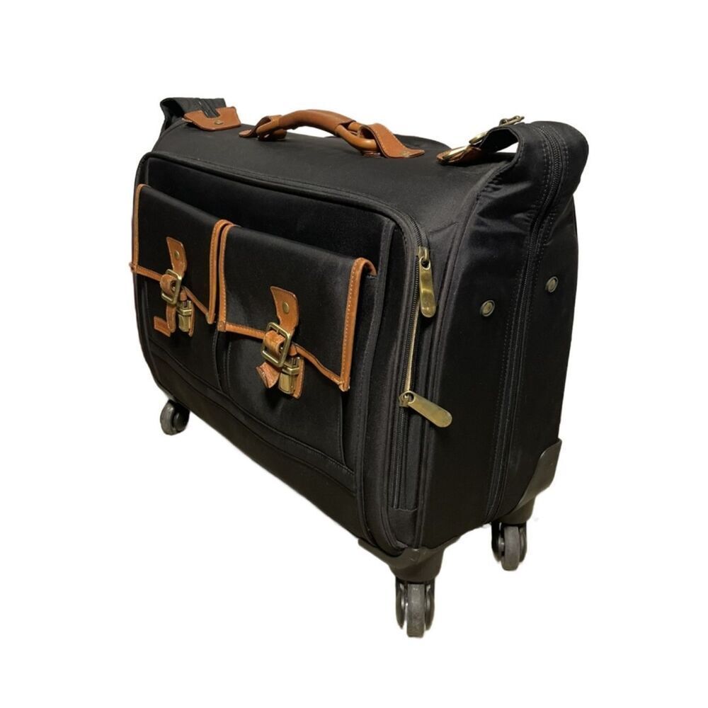 Hartmann Black Rolling Garment Bag w/Tan Leather Trim & Gold Satin Interior